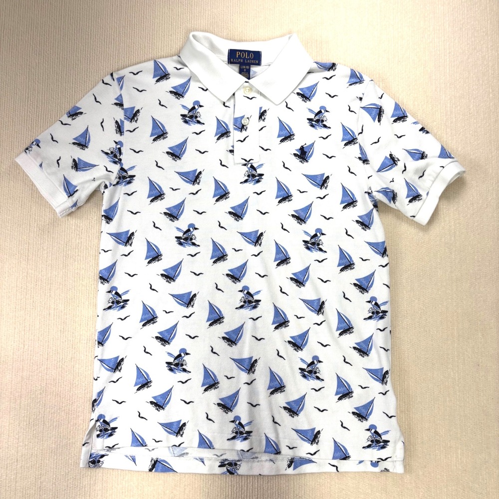 Polo Ralph‎ Lauren Boys White Blue Sailboat Nautical Pique Polo Shirt L 14-16